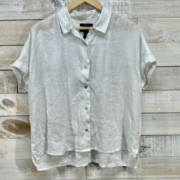 Tahari Linen Button Up Top Womens Large White Boxy Cuffed Short Sleeves NWT New - Picture 1 of 11